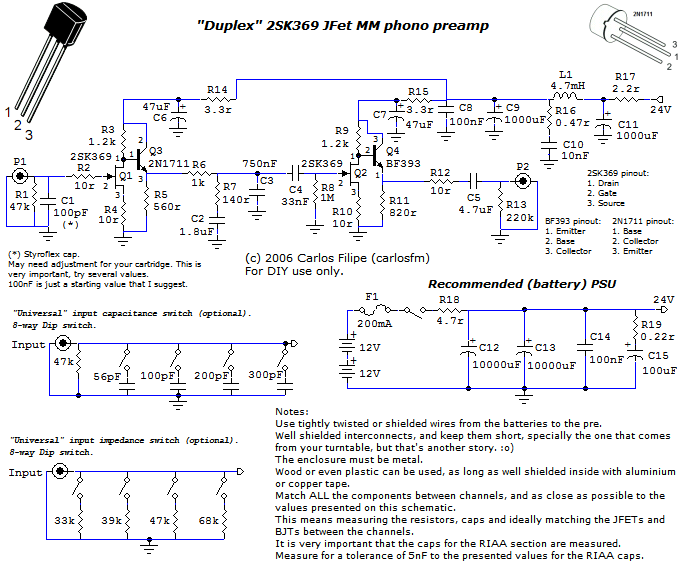 Circuit diagram and notes for the Duplex phono pre-amp designed by Carlos Filipe Machado